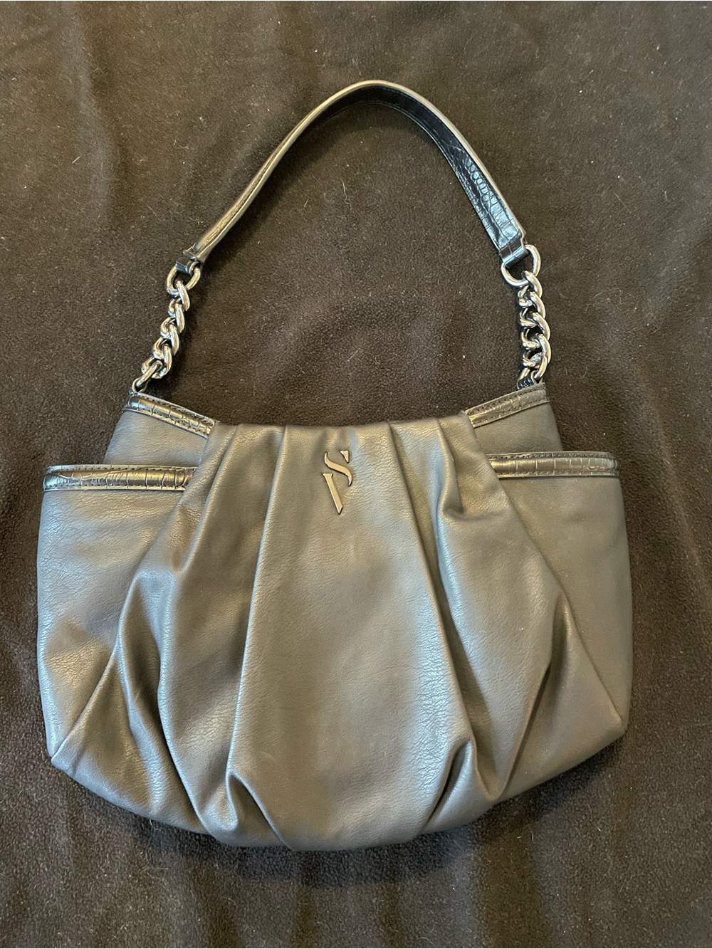 Simply Vera Vera Wang Black Pleated Leather Shoulder Bag with Chain Strap